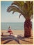 Woman looking at sea, sitting under palm tree in sunshine. Filtered instagram, retro inspired effect.