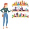 Woman looking at shelf with female accessories and perfumes. Lady choosing cosmetics and perfumery