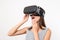 Woman looking with VR device and feeling excite
