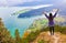 Woman at lookout point, view to lake walchensee, bavaria