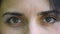 Woman looks in camera extreme close up, pair of eyes gaze stare, female world