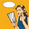 Woman looks at the mirror vector illustration in retro comic pop art style. Speech bubble