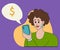 The woman looks into the phone. The girl checks the money account on the phone. Vector colorful illustration