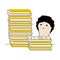 A woman looks at stacks of work papers. The concept of work in the office, overwork, stress. Line illustration