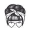 Woman love face with vintage hairband bun hairstyles and heart sunglass vector line art illustration