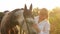 woman loves her gray horse. Field at sunset, active lifestyle, outdoor. Freedom in nature. Friendship between people and