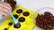 A woman lubricates melted chocolate silicone mold for the preparation of sweets glazed with chocolate. With a brush. Nearby is alm