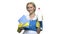 Woman maid with toilet cleaner bottle and rags.