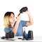 Woman maintenance a DSLR Camera with lens brush