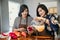 Woman make sweet drink from fruits