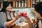 Woman make sweet drink from fruits