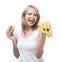 Woman makes choosing burger and bananas