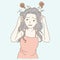 A woman makes an irritable expression and grabs her hair