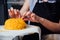 Woman during making decorating cake