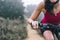 Woman making downhill with mountain bike. Concept about people a