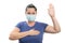 Woman making honest oath gesture wearing disposable covid19 mask