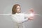 Woman making magic effect - flash lightning. The concept of electricity, high energy.