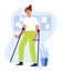 a Woman is making a step using crutches after the leg was broken. The concept of rehabilitation after the injury. Flat