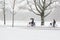 A woman and man biking in a snowy Vondelpark.