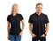 Woman and man in black polo shirts
