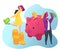 Woman, man character hold bag with clothes, banking save money piggy bank 3d isometric vector illustration, isolated on