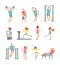 Woman and man doing various sports exercises with gym equipment. Fitness cartoon vector people, gym workout isolated