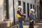 Woman and man, factory employees chatting during lunch break