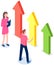 Woman and man looking at growing arrows chart. Infographics, growth graph with finance of business