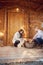 Woman and man prepare firewood on mountain