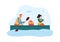 Woman and man traveling on boat. Guy holding paddle and rowing, girl looking at map and searching direction