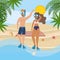 Woman and man wearing bathing shorts and swimsuit with snorkel masks