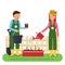 Woman and man working in garden. Different tools for farming and gardening. Vector characters in flat style