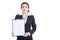 Woman marketing manager holding clipboard with blank white paper