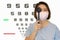 Woman with mask holding ocluder with eye vision examination chart