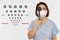 Woman with mask holding ocluder with eye vision examination chart