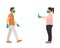 Woman with mask and medical gloves warns man opposite him to keep distance. flat vector illustration