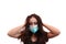 Woman with mask text Covid-19 coronavirus European girl