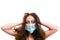 Woman with mask text Covid-19 coronavirus European girl