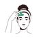 Woman massaging face skin with gua sha jade scraper. Young girl using beauty facial guasha massager for forehead