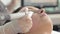 Woman - master in mask makes the hydrofacial peeling to her young female client slow motion