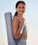 Woman, mat and yoga fitness portrait ready for workout training or zen meditation outdoors. Healthcare wellness