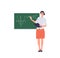 Woman mathematician female teacher character explaining task from math subject at blackboard