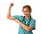 Woman md emergency doctor or nurse posing smiling cheerful with stethoscope showing biceps