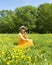 Woman on meadow with yellow dandelions