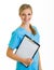 Woman in medical doctor uniform holding clipboard