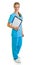 Woman in medical doctor uniform holding clipboard