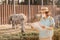 Woman in medical mask looks at a map of the zoo against the background of an enclosure with elephants. Concept of regulating