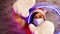 Woman in medical mask,Santa Claus suit shows sign of frame against illuminated wall.Female in Christmas hat,protective