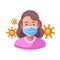 Woman in medical surgical mask. Virus protection flat illustration. Red coronavirus floating in the air