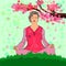 Woman meditates in nature. Sakura blossom season. Vector illustration 